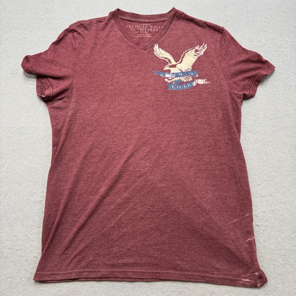 American Eagle T-Shirt Men's Large Burgundy V-Neck Athletic Fit Short Sleeve Y2K